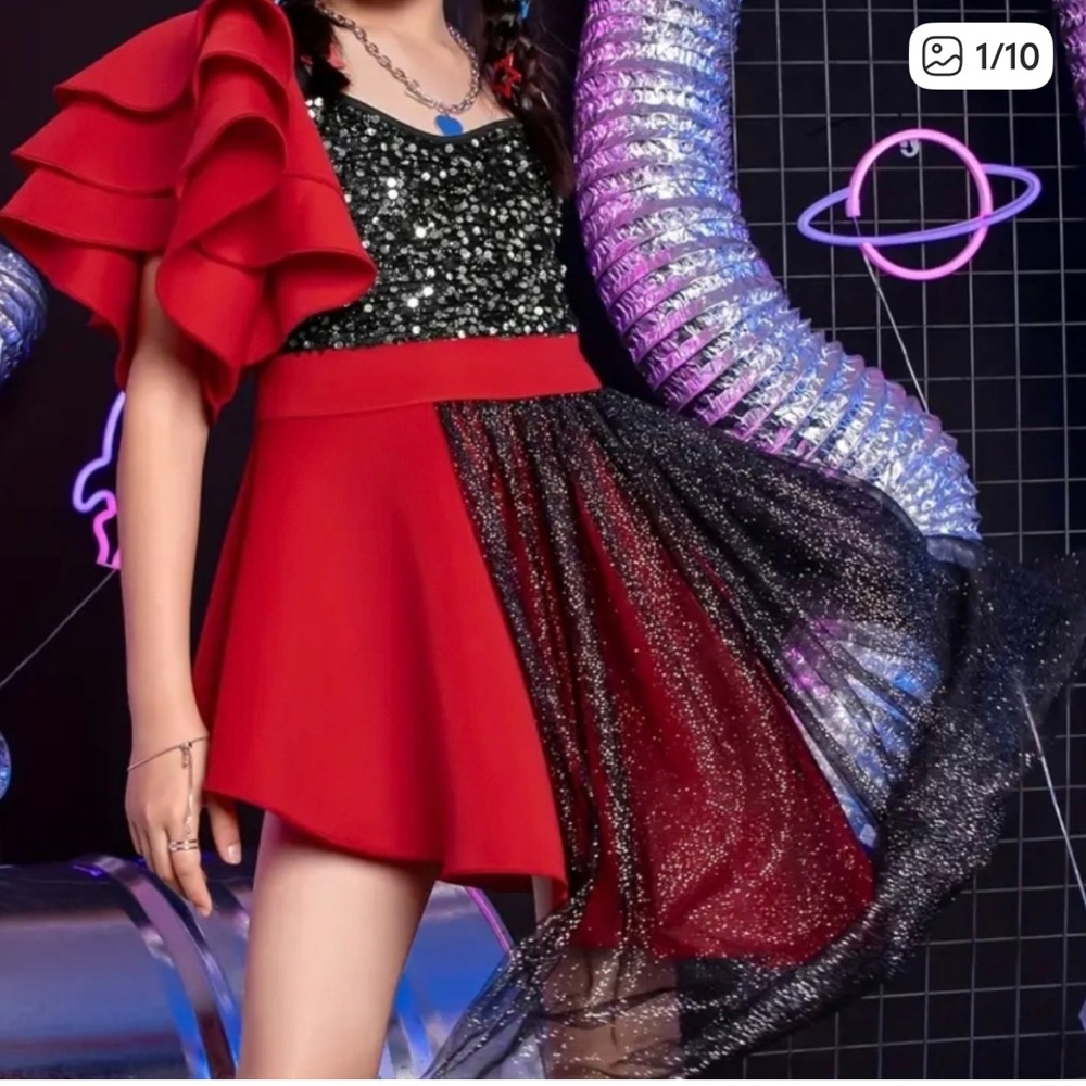 Girls Pageant OOC Dress Red & Black Sequin Hi-Low | Size 8–10